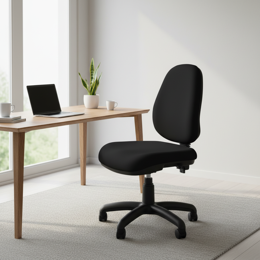A black office chair with a high back and wheeled base, placed in a bright home office next to a light wood desk with a laptop, plant, and cups.