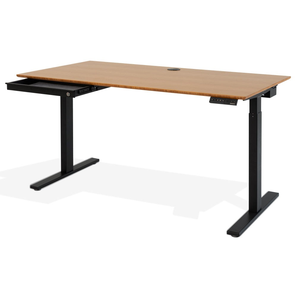Bamboo Standing Desk with Black Frame and Drawer Open