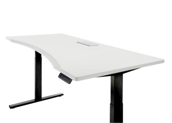 ergonomic electric standing desk in white with black legs